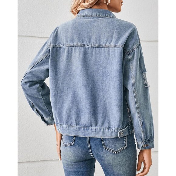 Women's Loose Button Down Cropped Denim Jacket Long Sleeves Cheetah Light Blue - Picture 6 of 6